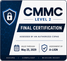 CMMC Level 2 Final Certification mark, assessed by an authorized C3PAO, valid through May 25, 2029